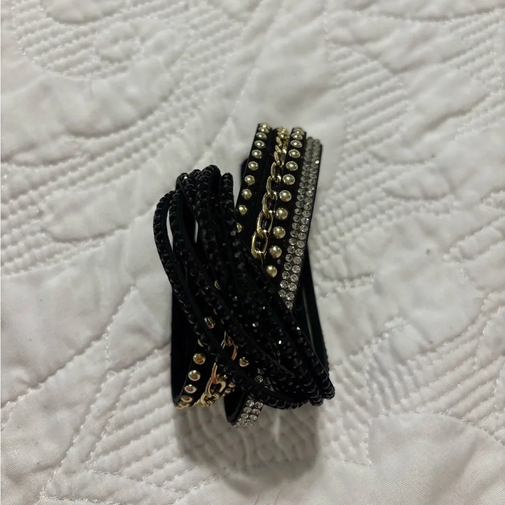 Multi-Row Black & Gold Wrap Bracelet with Rhinestones